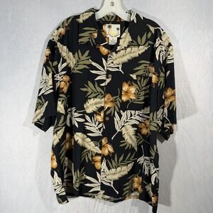 banana cabana silk shirt Men's Black XL Hawaiian Floral Leaf Tropical Shirt
